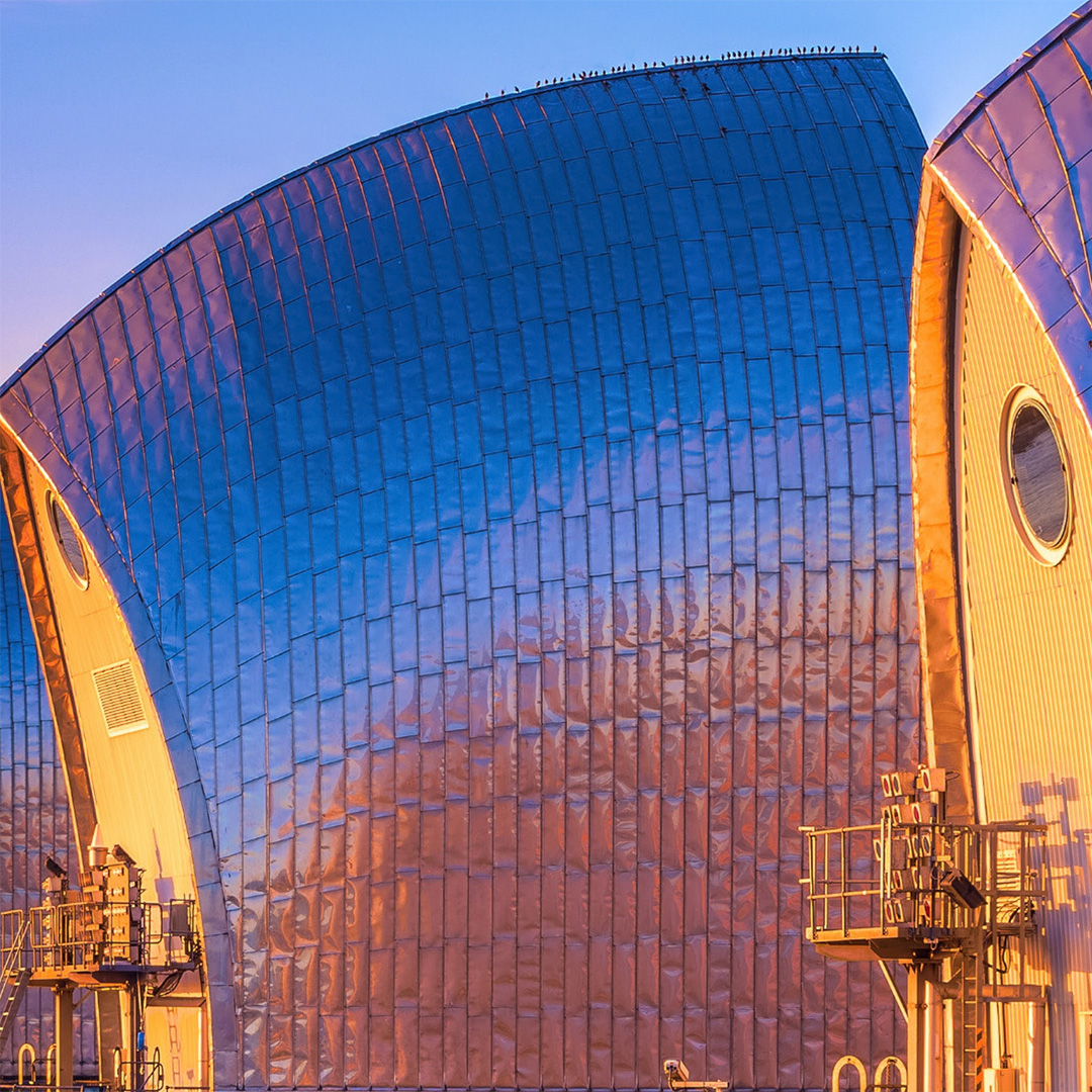 Sunset reflected on Thames Barrier