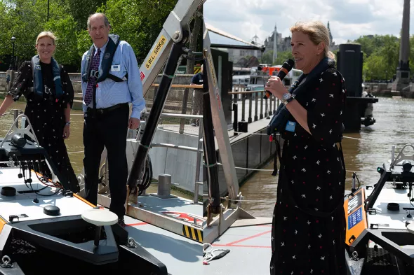 Maritime Minister, Baroness Vere, and PLA chair, Jonson Cox CBE, with UCL Tamesis, the first fully electric remote survey vessel of any UK port