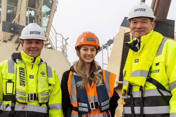 Svitzer’s Dave Watson (left) and Cliff Chow (right) with Grace Staines from PLA’s Environment team.