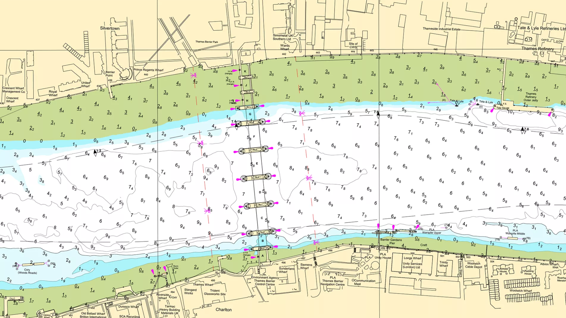 Colour chart showing Thames Barrier and parts of the tidal Thames