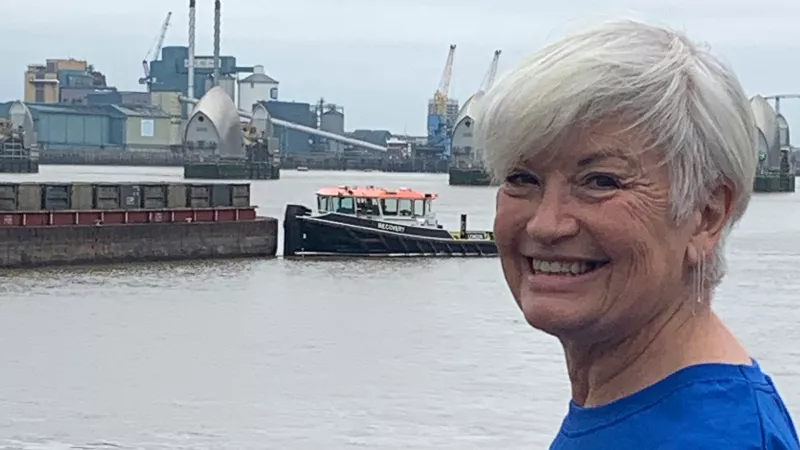 Kate Cameron with River Thames and Thames Barrier in background