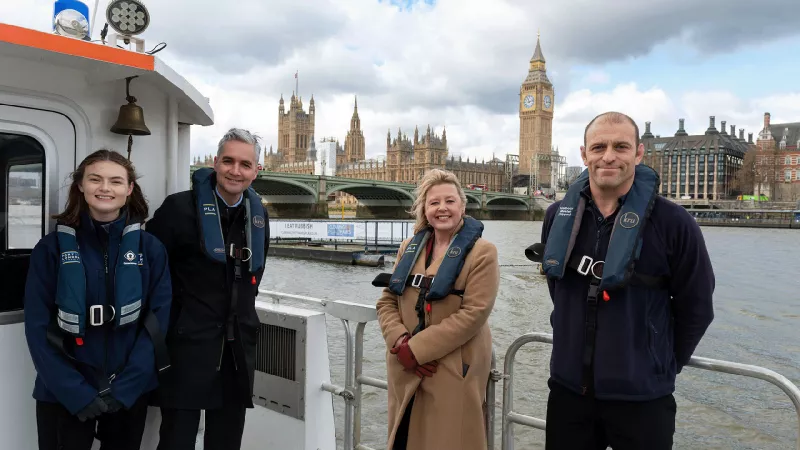 Emily McLean, PLA Technical Advisor (Water Quality); Steven Clapperton, director of sustainable marine operations; Nickie Aiken MP (Con, Cities London & Westminster); Anthony Handley, marine river inspector on the Thames with a new litter collector