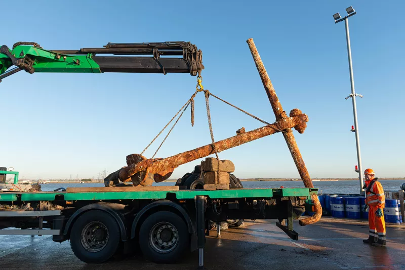 An anchor, believed to date back to the late 1800s, recovered from the Thames riverbed near Gravesend by the Port of London Authority (PLA) is being renovated at Chatham Historic Dockyard, ahead of going on public display.