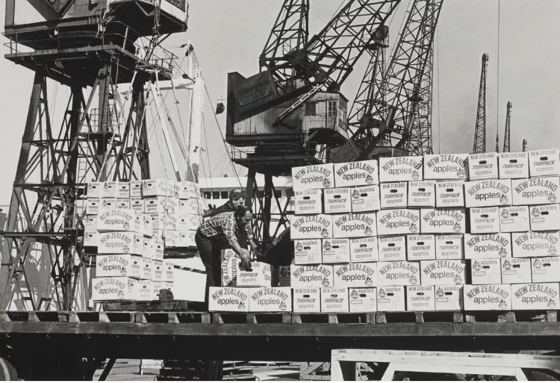 Historic image of the Port of London with apples stacked up in front of cranes
