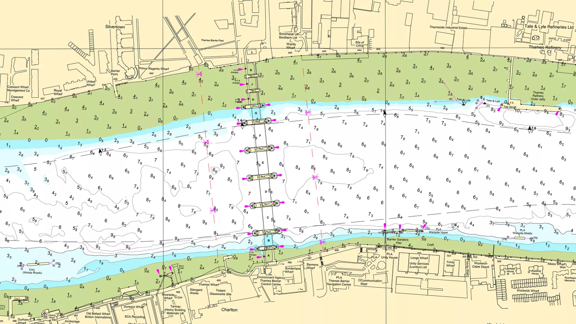 Chart showing navigation information at Thames Barrier