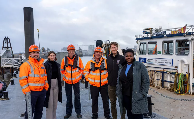 From l-r: Civil Engineer Nick Jordan, Technical Advisor (Air Quality) Grace Staines, Marine Manager Afloat Michael Russell, Marine Engineering Superintendent Jason Rudd, Air Quality Technical Officer Paul Bentley, City of London Corporation and Project Manager Sefinat Otaru, Cross River Partnership